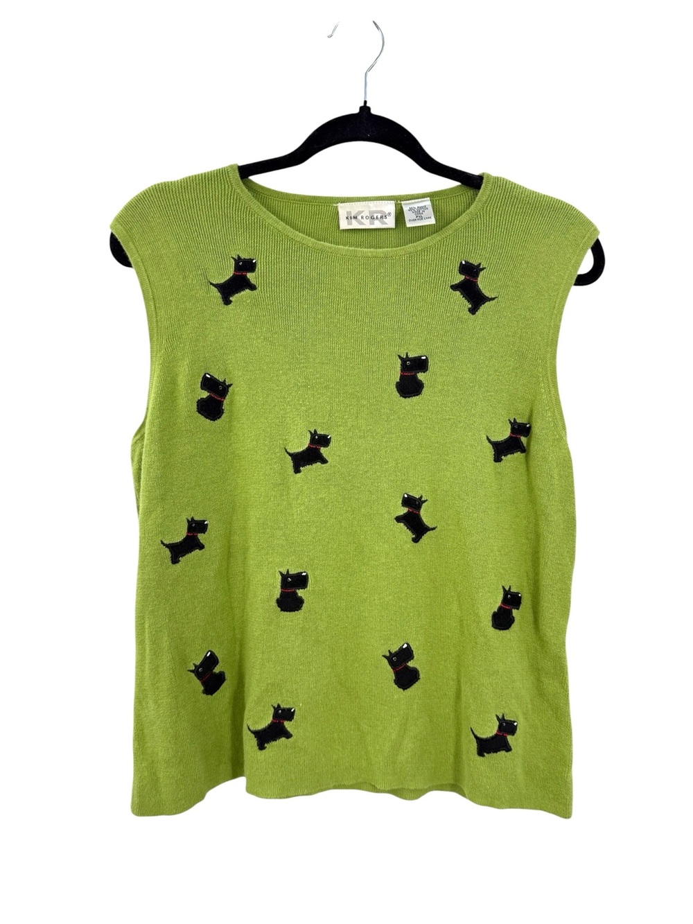 Kim Rogers Scottie Dog Ramie Cotton Sweater Vest Top Green PXL